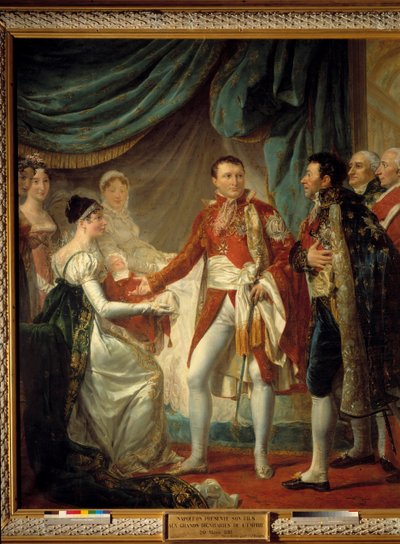 皇帝ナポレオン1世は、1811年3月20日、Iimpress Marie Louiseの前で、帝国の高官たちに息子のローマ王を紹介しています。 ジョルジュ・ルジェ（1784-1869）の絵画 1812年 日2,60 x 2,20 m - ローマ王の贈呈 - ナポレオン 作： Georges Rouget