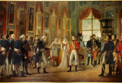 ナポレオン1世（1769-1821）は、1804年5月18日にフランス皇帝を宣言した上院議員をサン＝クルーで迎えました（皇后ジョゼフィーヌの後ろにいるのは、娘のオルタンスと義理の妹マリー＝アンノシアード、カロリーヌ・ボナパルト（1782-1839））。ジェ 作： Georges Rouget