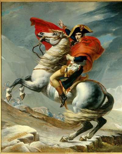 1800年5月、グラン・サン・ベルナールの峠でアルプスを越える第一執政ナポレオン・ボナパルト（1769-1821）の姿。ジャック・ルイ・ダヴィッド（1748-1825）によるジョルジュ・ルジェ（1783-1869）の絵画 19世紀 パリ、軍隊博物館 - ナポレオン第一執政官 作： Georges Rouget