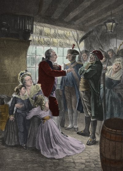 フランス革命：1791年6月21日 王族（フランス国王ルイ16世、王妃マリー・アントワネット、二人の子供 マダム・エリザベート（国王の妹、子供たちの家庭教師））がヴァレンヌ（ヴァレンヌ・アン・アルゴンヌ）の宿屋に巻き込まれたのは、第二次世界大戦中のことである。 作： Georges Roussin