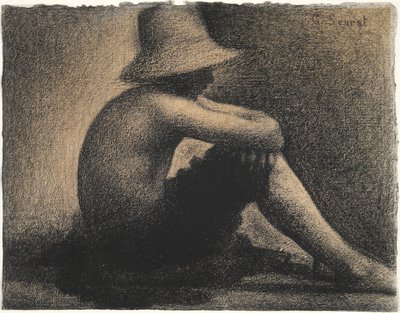 麦わら帽子をかぶった着席少年、アニエールの水浴者のための習作 作： Georges Seurat