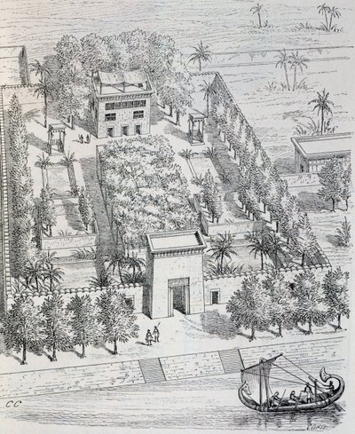エジプトのナイル川沿いの別荘の様子（Chipiezによる復元）、「古代における芸術の歴史（エジプト、アッシリア、ペルシャ、小アジア、ギリシャ、エトルリア、ローマ）」より 作： Georges and Chipiez Charles Perrot