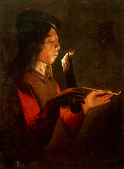 パイプを持った少年が、たき火のル・スフルール・ア・ラ・パイプを吹いています。 作： Georges de, La Tour