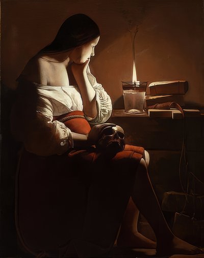 マリア・マグダーレンと煙る炎。 1638-40年頃 作： Georges de La Tour