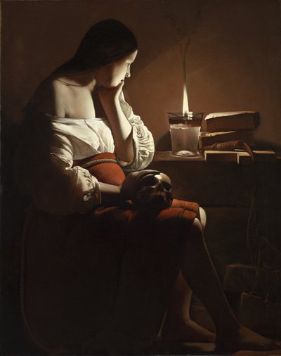 「煙を立てる炎を抱くマグダラのマリア」 作： Georges de La Tour