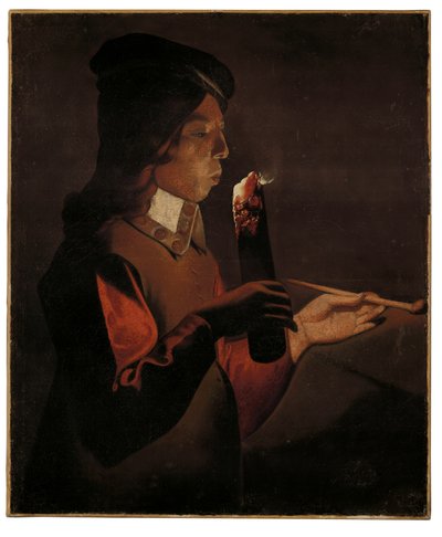 パイプを持つ少年、火のブランドを吹く（キャンバスに油彩） 作： Georges de La Tour