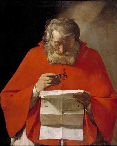 手紙を読む聖ジェローム - キャンバスに油彩、ジョルジュ・デ・ラ・トゥール (1593-1652)、c1628-1629 - マドリードのプラド美術館 作： Georges de La Tour