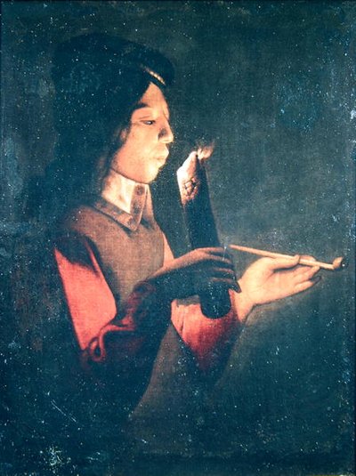 若い男が彼のパイプを照明 作： Georges de la after Tour