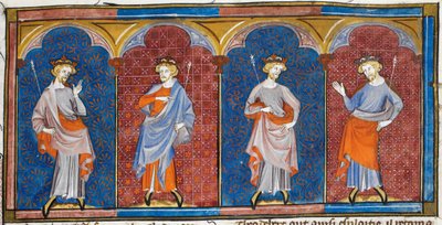 クロドミール、チルデベール、テオドリック、クロテール（『Chroniques de France ou de St Denis』より） 14世紀 (22093692824) 作： トビリシのGeorgiaLevanRamishvili