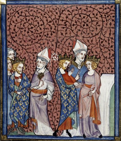司教を派遣するヘンリー1世とアンヌとの結婚、Grandes chroniques de France, Royal 16 G.VI, f.269v, c. 1332-1350 (22727649151) 作： トビリシのGeorgiaLevanRamishvili