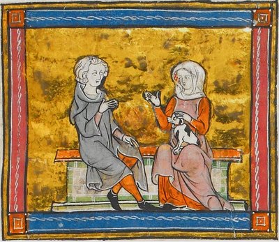 白黒の小犬を抱いた婦人と会話するランスロット（『モルテ・アルトゥ』より、1315-1325年頃） (41067329535) 作： トビリシのGeorgiaLevanRamishvili