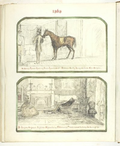 無題 [馬を連れた男と火のそばでくつろぐカップル]、1868 年。 作： Georgina Cowper