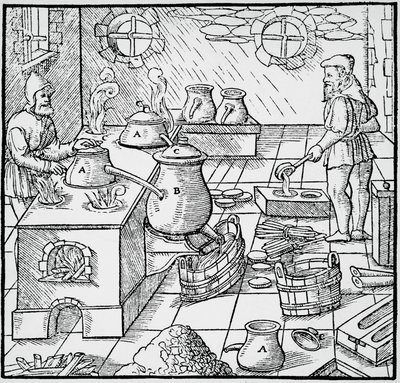 バーゼルで出版された Georg Pawer または Georgius Agricola (1494-1555) による De re metalica (金属の性質について) からの彫刻 作： Georgius Agricola