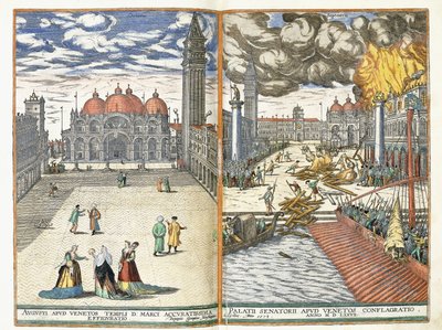 サンマルコ広場とパラッツォセナトリイの大火、c.1577-8 作： Georgius Housnaglius