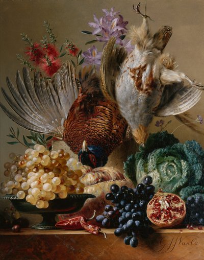 棚の上の死んだキジ、ヤマウズラ、ブドウ、キャベツ、果物、花 (キャンバスに油彩) 作： Georgius Jacobus Johannes van (after) Os