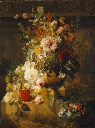 花瓶の中のバラ、ヒルガオ、カーネーション、葵、牡丹、ライラック、その他の花 作： Georgius Jacobus Johannes van Os