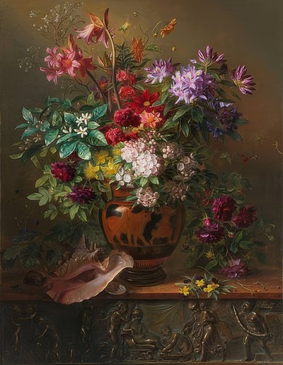 ギリシャの花瓶に花のある静物：春の寓話。 1817 作： Georgius Jacobus Johannes van Os
