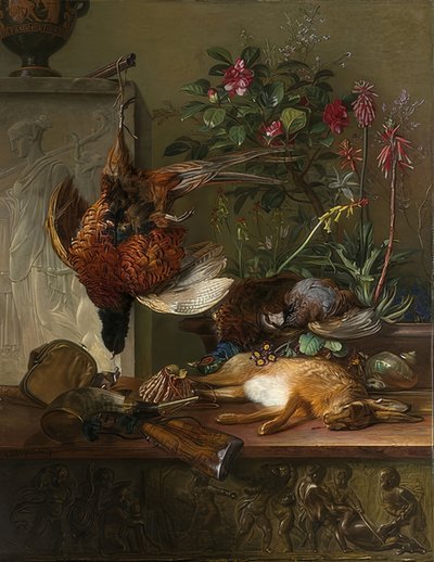 ゲームとギリシャの石碑のある静物：秋の寓話。 1818 作： Georgius Jacobus Johannes van Os