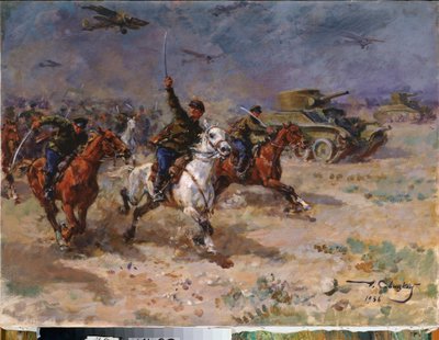 攻撃 (10 月革命中の赤軍の戦車と騎兵隊) - 攻撃 - ジョージ (Georgy, Georgi) Konstantinovich Savitsky (1887-1949) による絵画、キャンバスに油彩 作： Georgiy Konstantinovich Savitsky
