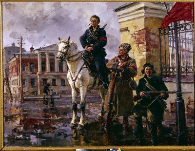 1917 年 10 月のロシア革命: ""the first days of October"" (10 月の最初の日)。 1917 年 10 月 25 日のサンクトペテルブルクの冬宮殿の占領、紅衛兵とボリシェヴィキによる攻撃。 ジョージの絵画 (Georgy, Georgi) 作： Georgiy Konstantinovich Savitsky