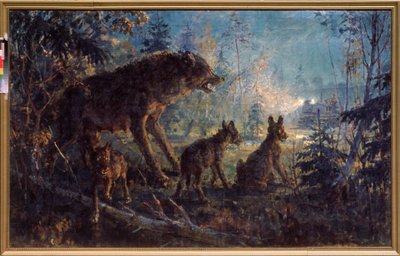 森での出会い (オオカミとその子、トラクターに向き合う夜) - 森での出会い - ジョージ (Georgy, Georgi) Konstantinovich Savitsky (1887-1949) による油彩、キャンバス 作： Georgiy Konstantinovich Savitsky