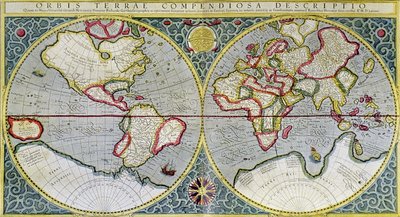 メルカトル図法 (1587 年) の世界地図 - H. クレーマー著「宇宙と人類」 作： Gerard (after) Mercator