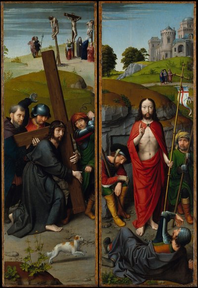 十字架を背負ったキリスト、はりつけ、復活、巡礼者...、ca。 1510。 作： Gerard David