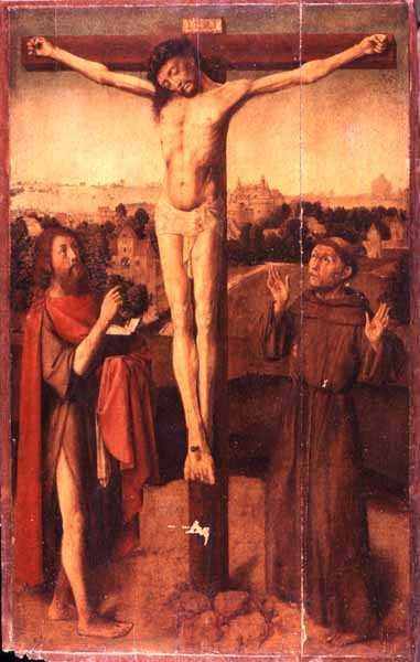 聖ヨハネと聖フランシスの間の十字架上のキリスト 作： Gerard David