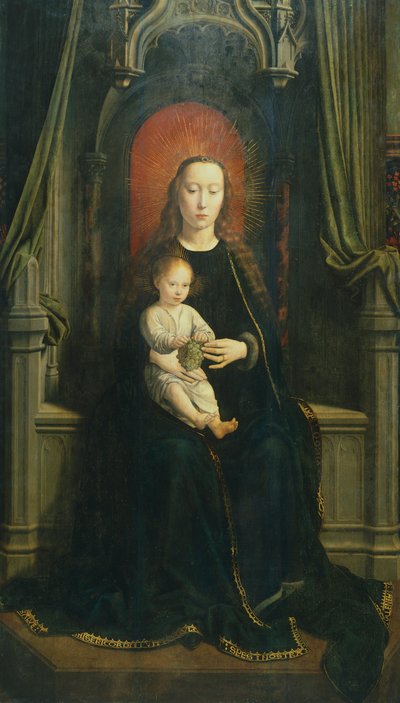 セルバラ祭壇画の中央パネルに描かれた「子連れの聖母」または「葡萄の聖母 作： Gerard David