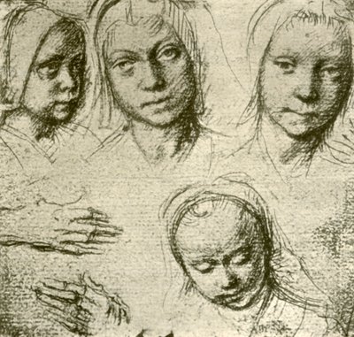 若い女の子の4つの頭と両手、c1500-1505、1908。 作： Gerard David