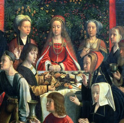 カナの結婚、花嫁の詳細と周囲のゲストの油彩94324のパネルの詳細 作： Gerard David