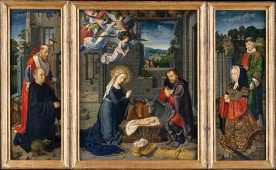 ドナーと聖人ジェロームとレナードとのキリスト降誕、ca。 1510-15。 作： Gerard David