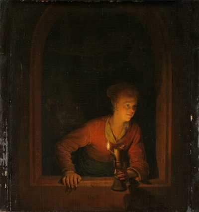 窓辺で石油ランプを持つ少女 作： Gerrit Dou