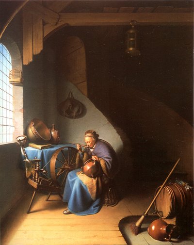 お粥を食べる女性とインテリア 作： Gerrit Dou