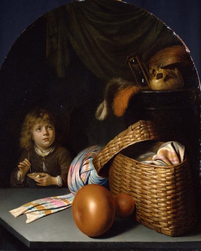 シャボン玉を吹く少年のいる静物c。 1635年 作： Gerrit Dou