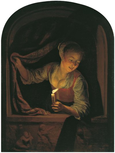 窓辺で火のともったろうそくを持つ女性 作： Gerrit Dou