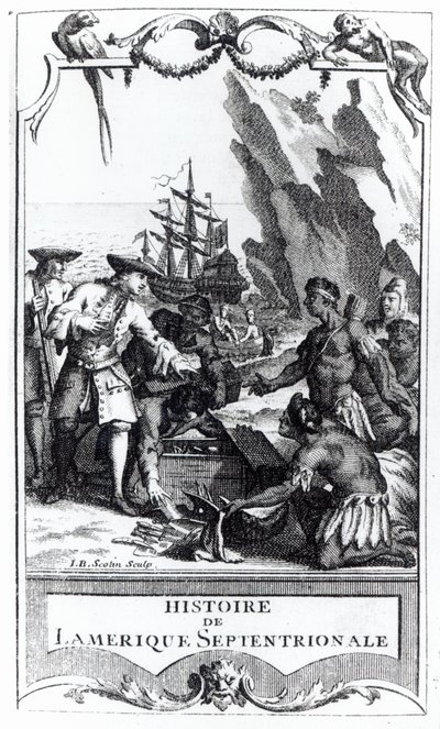 1753年に公開されたBacqueville de La Potherie（1663-1736）によるHistoire de lAmerique septentrionaleの口絵（bw写真） 作： Gerard Jean Baptiste Scotin