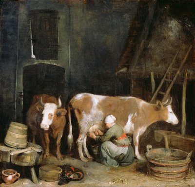 納屋で牛を搾乳するメイド、1652-1654 作： Gerard Ter Borch the Younger