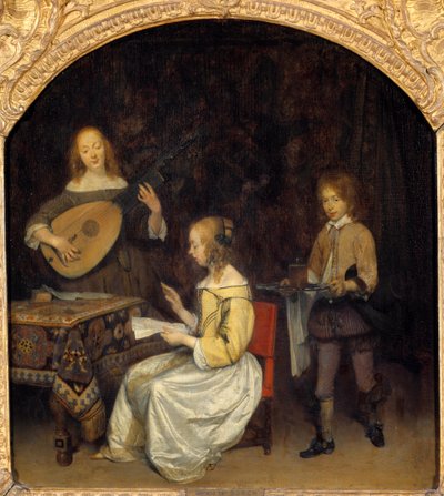 コンサート：ルース・テオルベの歌手と奏者。ジェラール・テル・ボルヒ（1617-1681）の絵画、オランダ派 作： Gerard ter Borch