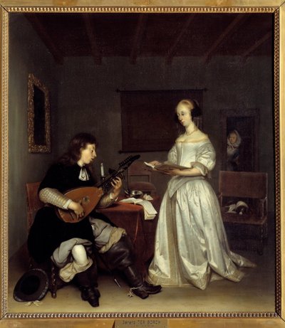 歌手とリュート奏者テオルボのデュオ。ジェラール・テル・ボルヒ（1617-1681）による絵画、オランダ 作： Gerard ter Borch