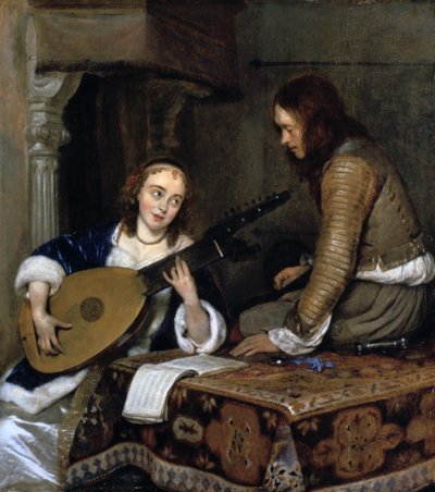 「テオルボリュートを弾く女性と騎士」、c1658 作： Gerard Terborch II