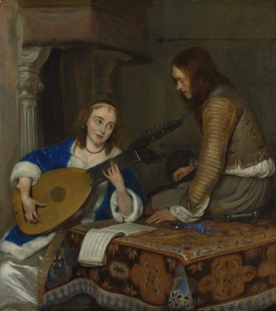 Theorbo-Lute を演奏する女性とキャバリア、ca. 1658年。 作： Gerard Terborch II