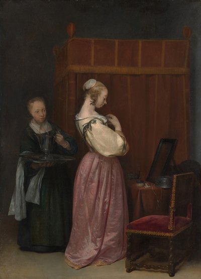 メイドと彼女のトイレで若い女性、カリフォルニア州。 1650-51。 作： Gerard Terborch II