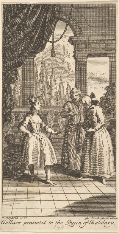 バビラリーの女王に贈られたガリバー、1730年2月の...氏の旅へのフロントピース 作： Gerard Vandergucht