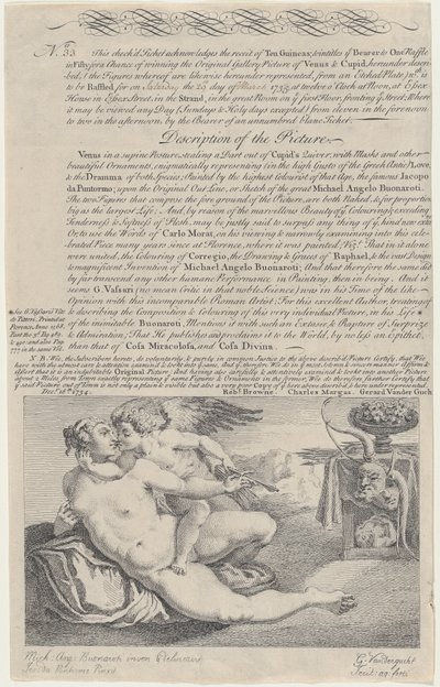 ミケランジェロの後のヴィーナスとキューピッドの絵のラッフル チケット、1734 年。 作： Gerard Vandergucht