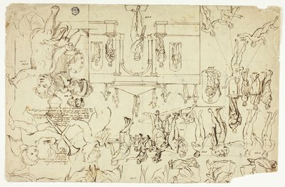 彫像と絵画の図版に基づく模写（レクト）；男性の骨格の寸法（裏面） 作： Gerard de Lairesse