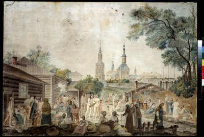 モスクワのサーマルキュア（サウナ）（モスクワのキュアバス）。 ジェラール・ド・ラ・バルト (1787 年から 1810 年に活動) による絵画。 紙に水彩、45.7 x 66.7 cm、1790 年頃。18 世紀のフランスの芸術。 A. プーシキン美術館 A の個人コレクションの博物館 作： Gerard de la Barthe