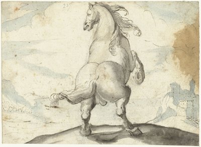 イタリアの港の景色の前で馬を育てる 作： Gerard ter Borch (I)