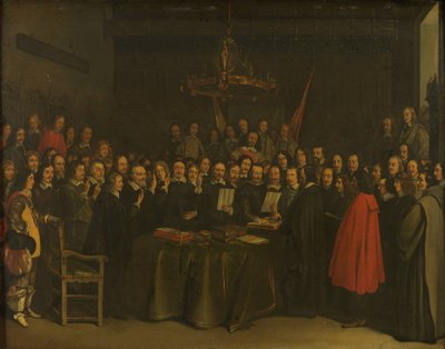 1648 年 5 月 15 日、ミュンスター市庁舎でのスペインとオランダ共和国間のミュンスター和平の批准 作： Gerard ter Borch (II) (copy after)