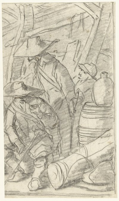 陸軍キャンプの 3 人の男性 作： Gerard ter Borch (II)